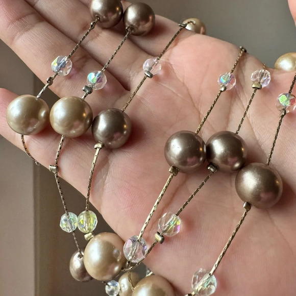 Lia Sophia Station Necklace Gold Brown Beige Pearls (Vintage Flapper Girl Pearl) - Picture 16 of 17